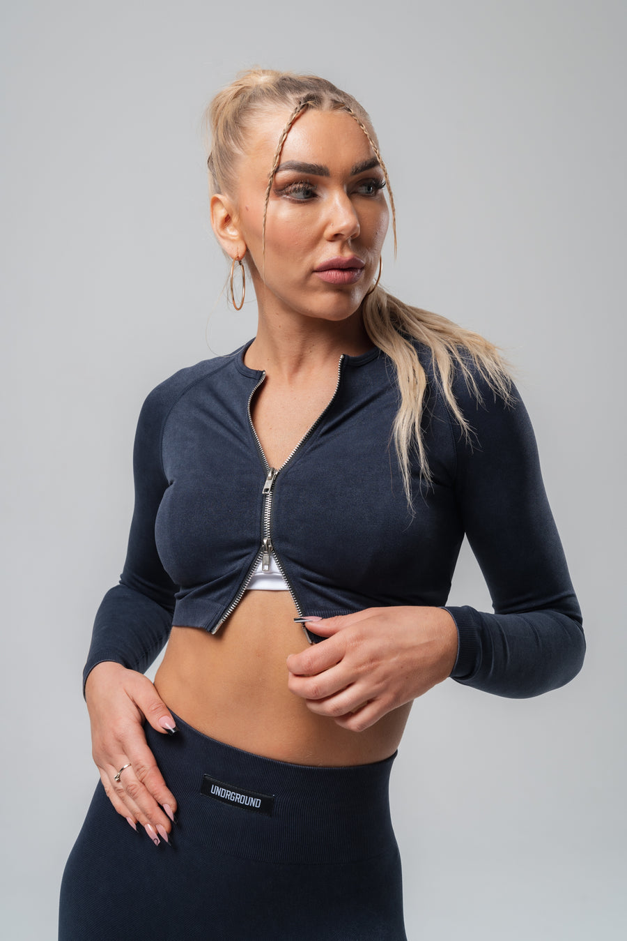 Washed Out Black Long Sleeve Zip Crop